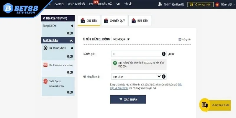 Dễ dàng nạp tiền sở hữu vốn tại BET88