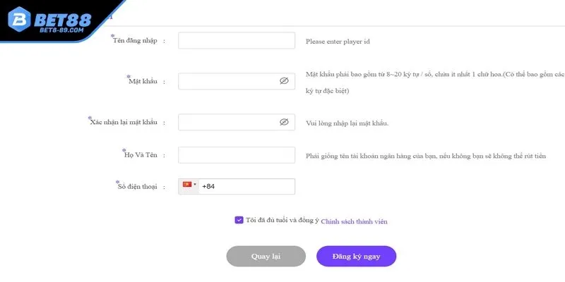 Điền đúng thông tin đăng ký nick trên biểu mẫu BET88 cung cấp